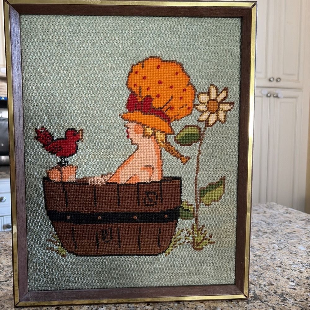 Vintage Needlepoint Finished Framed Saturday Night Bath Girl Birth Bath